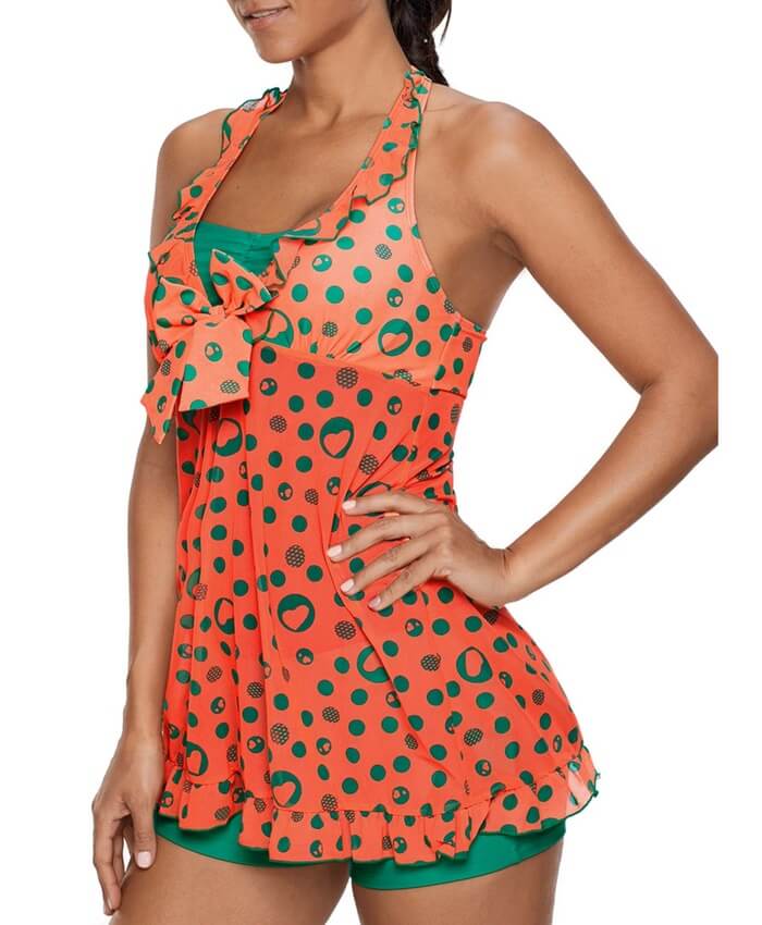 Printed Frill Hem Halter Swimdress and Shorts